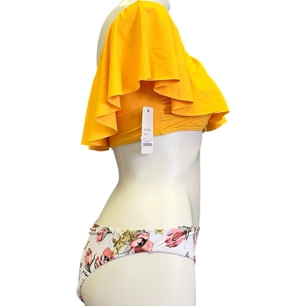 YELLOW Off The Shoulder Ruffle Bikini Floral Bottoms Medium NWT Cupshe Envya